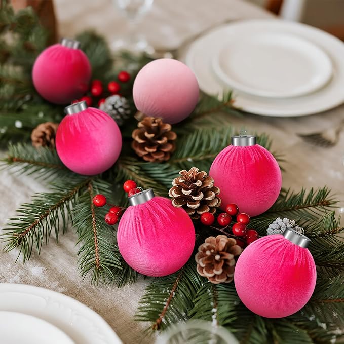 9 Pcs Pink Christmas Tree Ornaments Set, 80mm/3.15in Large Velvet Christmas Balls for Xmas Tree Decorations Shatterproof Hanging Flocked Balls Ornaments Hot Pink