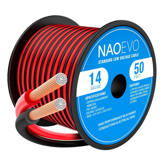 NAOEVO 14 Gauge Wire 50FT, 2 Conductors Electrical Wire Red Black Cable, Flexible/Low Voltage/PVC 14 AWG Copper Clad Aluminum Extension Cord for Speaker, LED Strips, Automotive 12V/24V DC