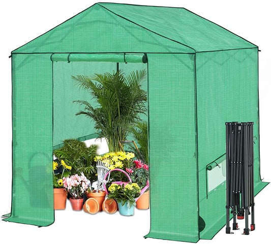 8x8 Pop Up Walk-in Greenhouse, Indoor & Outdoor PE Cover Green House with Power Access Ports, Roll-up Zippered Doors and Windows, Green