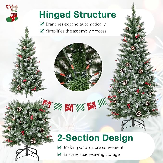 GOFLAME 5FT Pre-Lit Pencil Christmas Tree, Artificial Xmas Tree with 408 Branch Tips, 24 Pine Cones, 23 Clusters of Red Berries & 250 Warm White LED Lights, Holiday Decoration Tree for Home Party