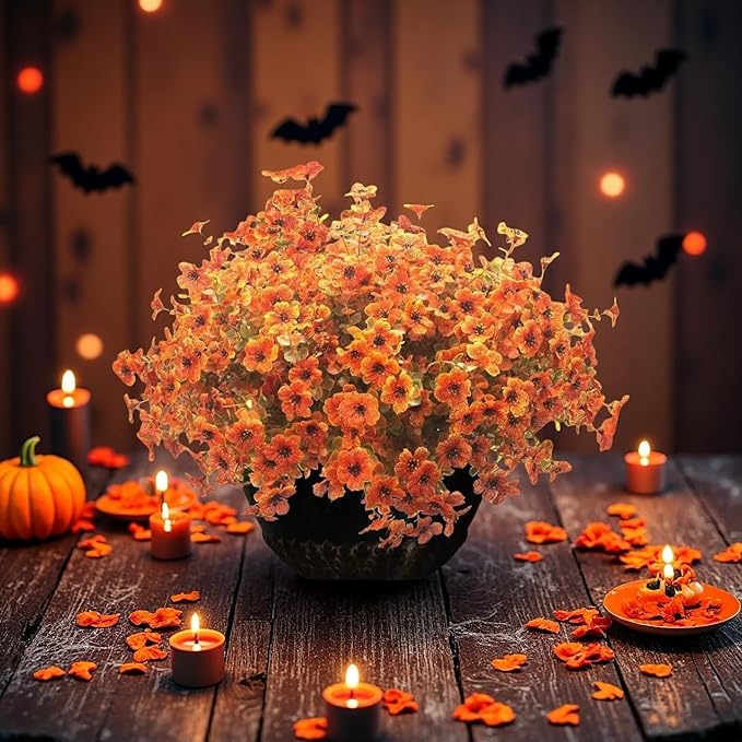 Artificial Fall Flowers Fake mums for Outdoors - UV Resistant & Fade-Resistant Fake Flowers, 24 Bundles Orange Yellow Waterproof Faux Flowers for Garden, Yard, Patio, Wedding & Fall Decor