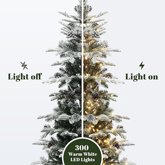 LuxenHome 5FT Small Potted Christmas Tree, Flocked Christmas Tree with Pot, Prelit Artificial Xmas Trees with 300 LED Lights and Pine Cone, Lighted Pine Trees for Indoor, Outdoor Holiday Display