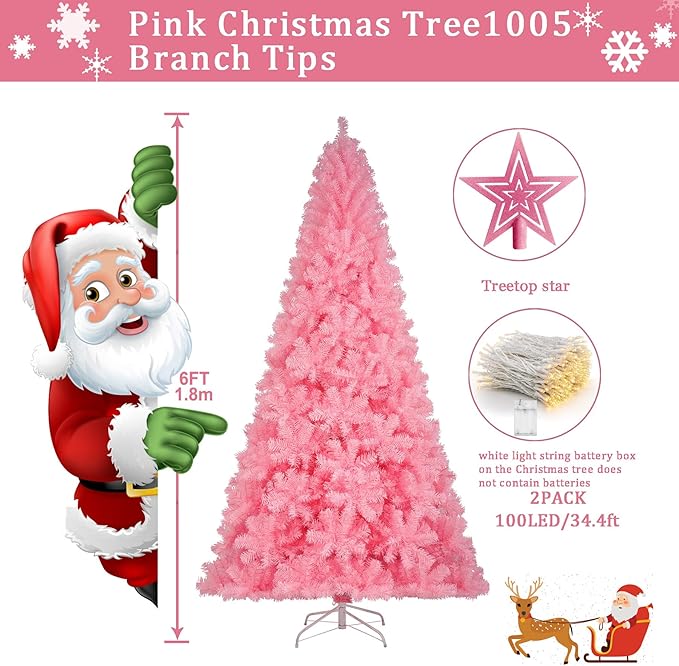 KTKDE 6ft Artificial Pink Christmas Tree, Xmas Tree with 1005 Branch Tips and Decorations(Pink Top Star, 2set 200 Tips Battery Boxes Powered) Metal Stand, Suitable for Home Office Store Bar