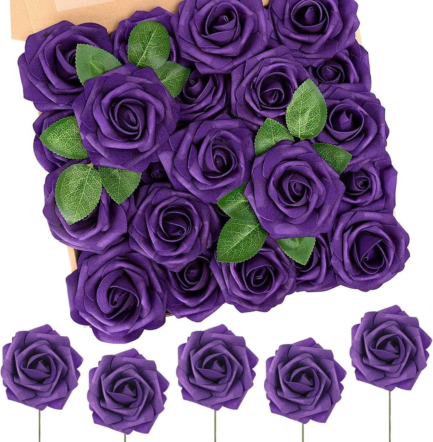 N&T NIETING Artificial Flowers 50pcs Real Looking Dusty Purple Foam Fake Roses with Stems for DIY Wedding Bouquets Bridal Shower Centerpieces Arrangements Party Tables Decorations