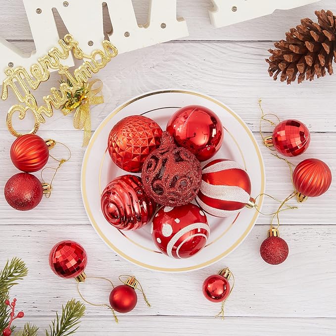 100PCS Christmas Ball Ornaments, Assorted Shatterproof Christmas Tree Decorations, Seasonal Decorative Hanging Baubles Decor Set for Xmas/Holiday/Party, Glitter&Painting Ornament Set (Red)