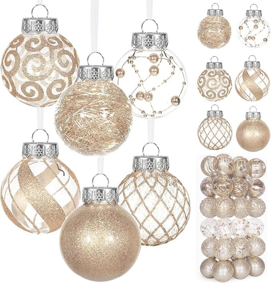 Ouddy Decor 36 Pcs Clear Christmas Ball Ornaments, 2.36" Shatterproof Champagne Plastic Christmas Ornaments Set Decorative Hanging Transparent Baubles for Xmas Tree Holiday Party Decor, Champagne