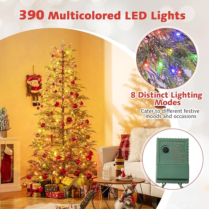 Goplus 6.5 FT Pre-Lit Artificial Christmas Tree, Hinged Sparse Xmas Fir Tree with 578 Soft Branch Tips, 390 Multicolored LED Lights, 8 Modes, Foldable Metal Stand, Home Office Decoration