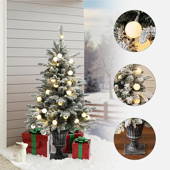 LuxenHome 4FT Small Potted Christmas Tree, Flocked Christmas Tree with 70 LED Globe Lights, Prelit Artificial Xmas Trees with Rustic Urn Pot, Lighted Pine Tree for Indoor, Outdoor Holiday Display
