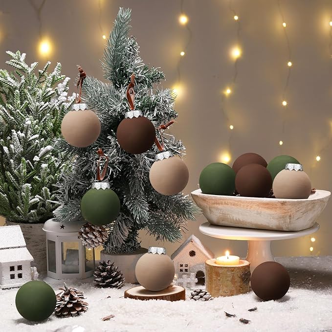 12 Pcs Neutral Matte Christmas Ball Ornaments 2.4 Inch Rustic Boho Brown Green Tan Xmas Bulbs Ornament Vintage Xmas Baubles Modern Christmas Decor for Tree Farmhouse Decor