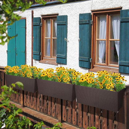 Aoodor 4Pcs 19.5" Rectangular Window Box Wall Mount/Railing Planter, Self-Watering Planter with Adjustable Bracket, for Fence, Balcony, Patio, and Outdoor Decor - Coffee