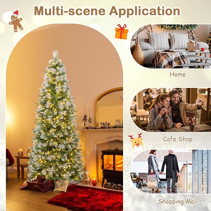 GOFLAME 6 FT Pre-Lit Pencil Christmas Tree Snow Flocked, Slim Artificial Xmas Tree with 580 Branch Tips, 280 Warm White LED Lights, Holiday Decoration Tree for Home Party Office