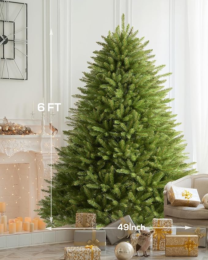 Premium Artificial Spruce Unlit Christmas Tree 6FT, Un-Lit Hinged Feel Real Realistic Full Xmas Tree, 6 Feet No Lights, Non Prelit Fir Tree Green Holiday