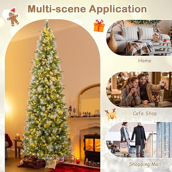 GOFLAME 9 FT Pre-Lit Pencil Christmas Tree Snow Flocked, Slim Artificial Xmas Tree with 1228 Branch Tips, 470 Warm White LED Lights, Holiday Decoration Tree for Home Party Office