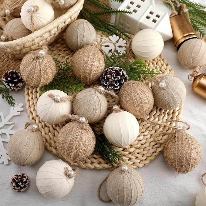 Syhood 24 Pcs Rustic Christmas Ball 2.36 Inch Neutral Farmhouse Christmas Tree Ornaments Shatterproof Hanging Burlap Fabric Textured Ball for Xmas Tree Party Garlands Wreath Home Decor