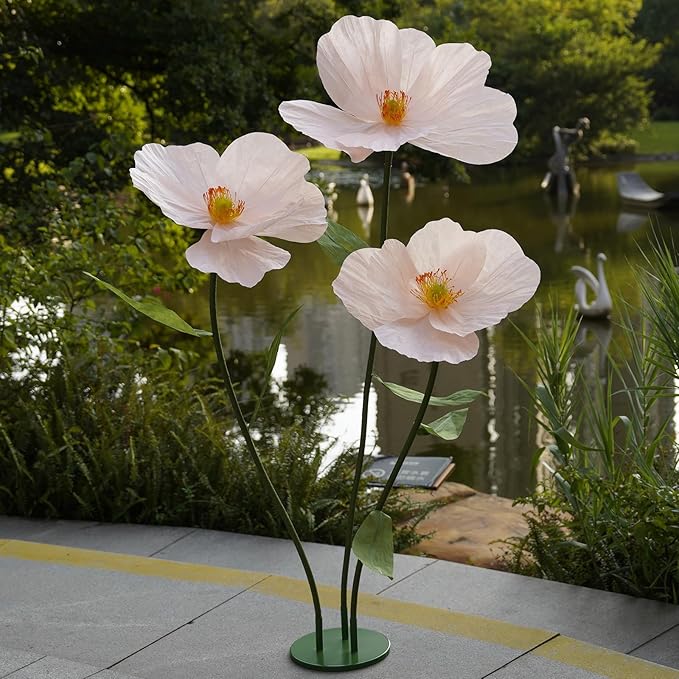 Large Paper Artificial Flowers,Giant Flowers for Decoration,Huge Handcrafted Poppy Fake Flowers with Stand for Home Decor Bridal Shower Party Outdoors Yard Event Backdrop Decor (Champagne)