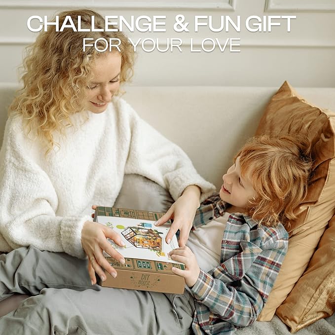 ROBOTIME DIY Miniature House Kit Mini Green House Tiny Dollhouse Wooden Furniture Kit with LED Halloween/Christmas/Birthday Gifts for Adults (Cathy's Greenhouse)