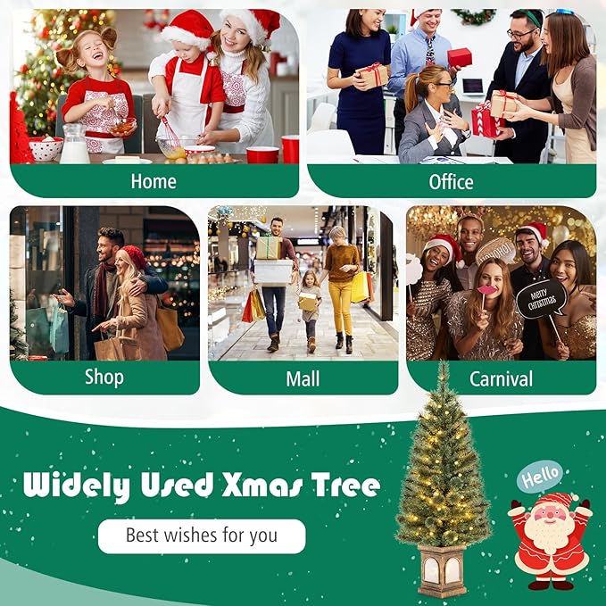 HAPPYGRILL 4 FT Pre-Lit Artificial Xmas Tree with Pine Needles, Christmas Entrance Tree with 116 Branch Tips, 100 LED Lights & Cement-Filled Base, Remote Control