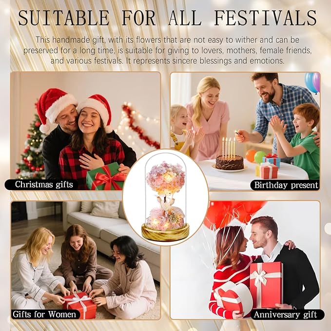 dranmoner Christmas Rose Gifts with LED Lights,8 inches 3D Pink Hydrangea Tree and Preserved Flower Arrangement,Wooden Base,for Birthday,for Mom Grandma Wife Friend Used as for Occasions Home Decor