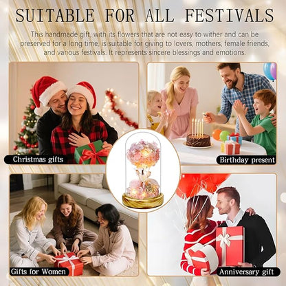 dranmoner Christmas Rose Gifts with LED Lights,8 inches 3D Pink Hydrangea Tree and Preserved Flower Arrangement,Wooden Base,for Birthday,for Mom Grandma Wife Friend Used as for Occasions Home Decor