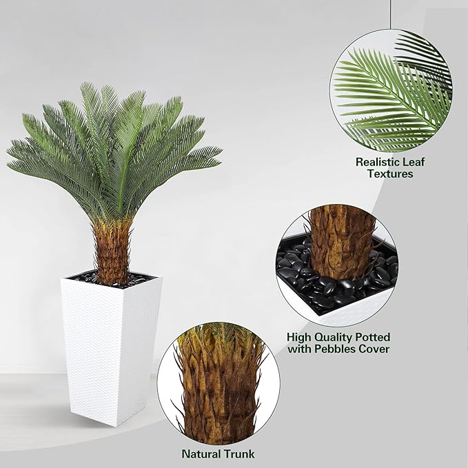 Artificial Palm Tree, 4FT Fake Palm Tree with White Tall Planter, Artificial Plants with Realistic Trunk and Leaves, Faux Sago Palm for Home and Office Décor, No Maintenance Indoor Greenery