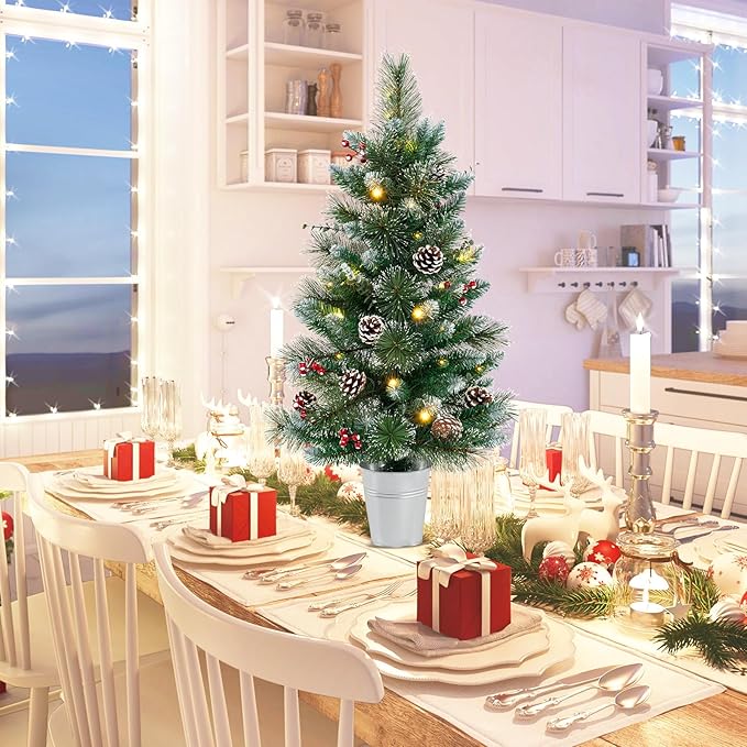 HAPPYGRILL 3 FT Artificial Entrance Christmas Tree, Small Tabletop Xmas Tree w/81 Branch Tips, Eucalyptus Leaves, Pine Needles, Pine Cones, Red Berries, 20 LED Lights, Timer, 8 Lighting Modes