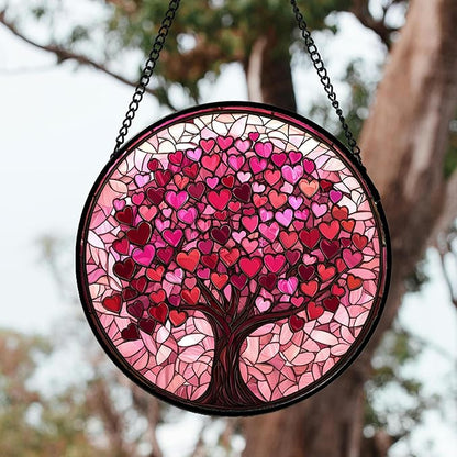 Stained Glass Window Hanging, Pink Love Tree of Life Sun Catchers Colorful Glass Panel Suncatcher Decor for Birthday for Women, Men, Wife, Lovers, and Mom 14.9x14.9 in