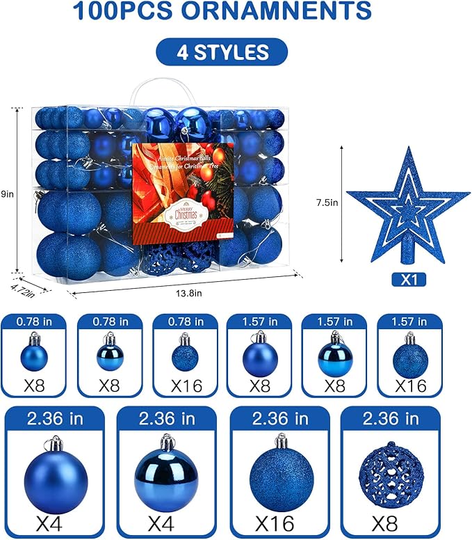 Aitsite 100 Pack Christmas Tree Ornaments Set Mini Shatterproof Holiday Ornaments Balls (Blue)