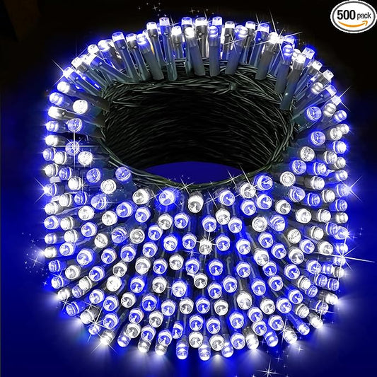 XURISEN Christmas Lights Outdoor 197FT 500 LED Green Wire String Lights 8 Modes with Timer Memory Waterproof Fairy Light Plug in for Xmas Tree Wedding Yard Party Holiday Decorations(Blue+White)
