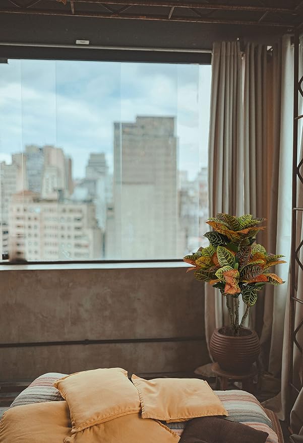 2PCS Artificial Croton Plant, Faux Fiddle Leaf fig Tree,Artificial Trees for Home Decor,Floor Plant,Front Porch Plants with Plastic Pot, Faux Ficus Lyrata Tree,35inch