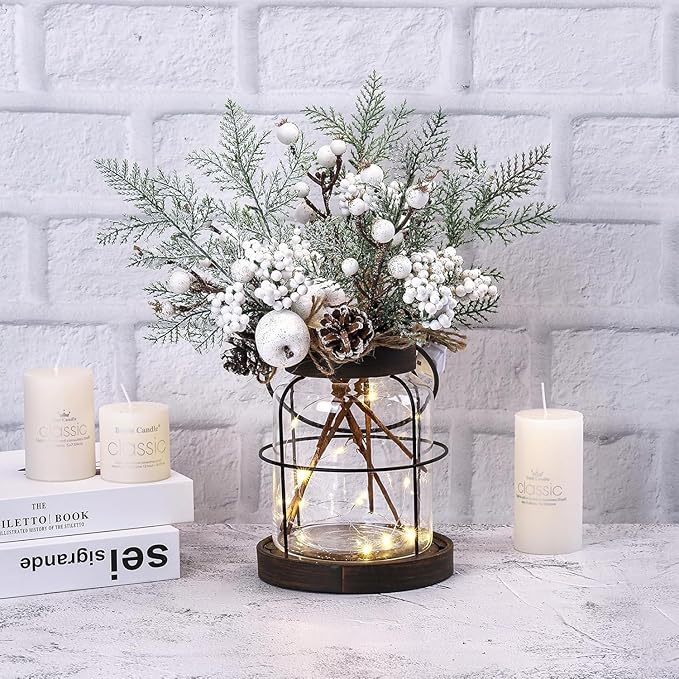 Rustic Vintage Glass Farmhouse Vase with LED Lights, Christmas Home Decor for Winter with White Berry & Pine Cones, Farmhouse Vase for Decor, Home Decor Floral Arrangement Gift