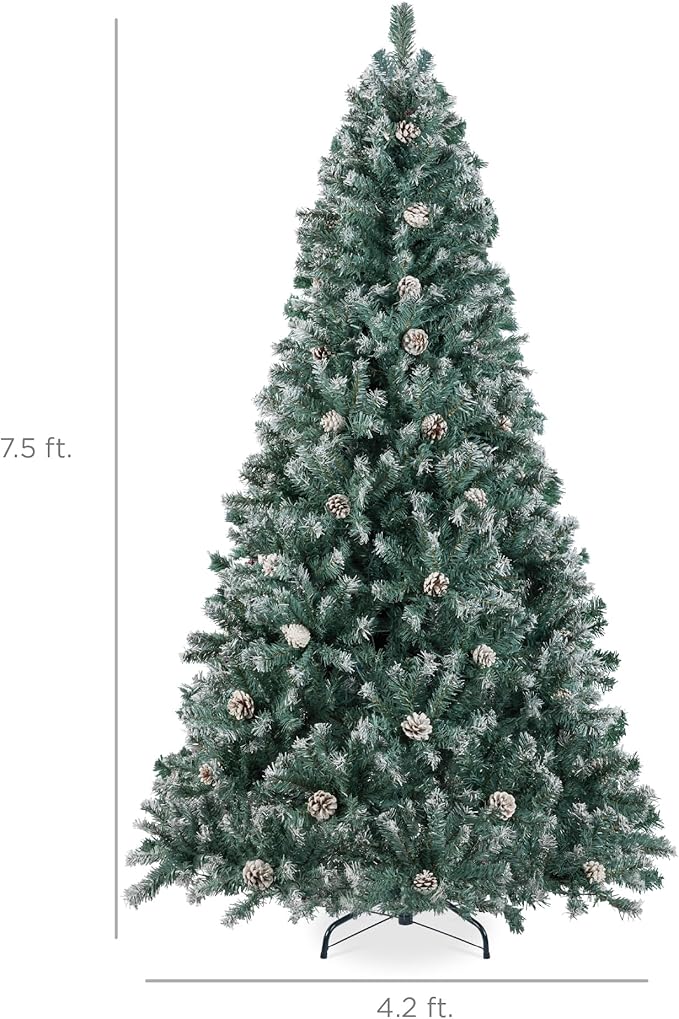 Best Choice Products 7.5ft Pre-Decorated Holiday Christmas Tree for Home, Office, Party w/1,348 Tips, Partially Flocked, Pinecones, Base – Blue Spruce