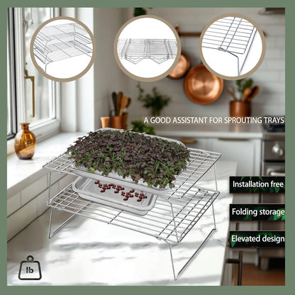 Sprouts Growing Rack 3-Tier 14 inch Shelf, Metal Foldable Plant Stand for Sprouting Tray Indoor, Seed Starting Tray Plant Shelf, Silver Rack for Kitchen Table Top Space Saving