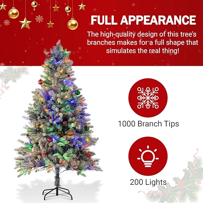 6ft Prelit Green Artificial Christmas Tree with 200 Multi-Color LED, 4 Color 8 Mode, Flocked Hinged Xmas Tree with 1000 Realistic Branche, Easy Assembly for Home Office Holiday Decoration