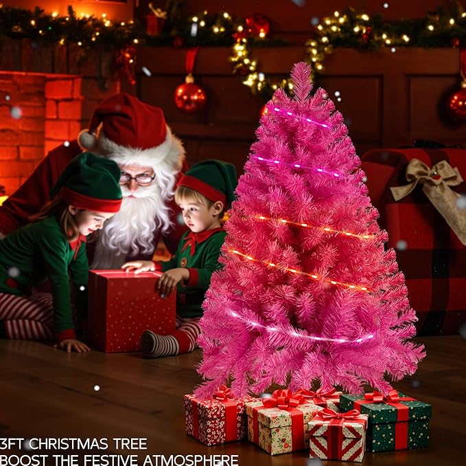 Pink 3ft Christmas Tree with Lights, Small 36inch Artificial Tree Mini Table Top Decorations, Xmas Desk Tree with 80 Colored Lights, 200 Branch, Holiday Decor for Home,Indoor Office Tabletop