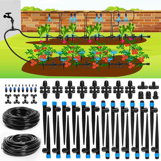 Bonviee Drip Irrigation System, 230FT Garden Watering System with Quick-to-Connect Fittings, Adjustable Drip Emitters, 1/4” & 5/16” Tubing, Drip Irrigation Kit for Raised Garden Beds, Greenhouse, Lawn