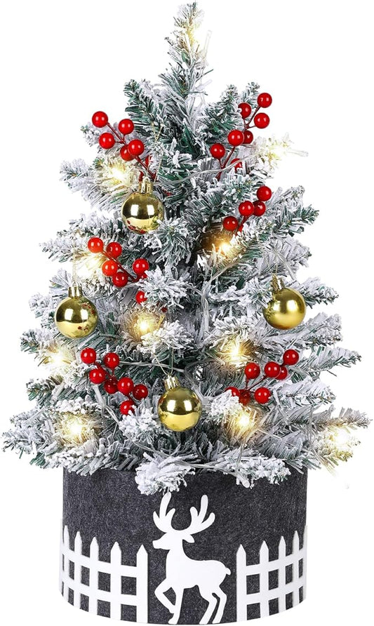 2FT Snow Flocked Mini Christmas Tree with Lights, Pre-Lit Small Christmas Tree for Home, Artificial Xmas Tree for Office, Shop, Bar, Party, Indoor Outdoor Decoration (Battery Not Included)