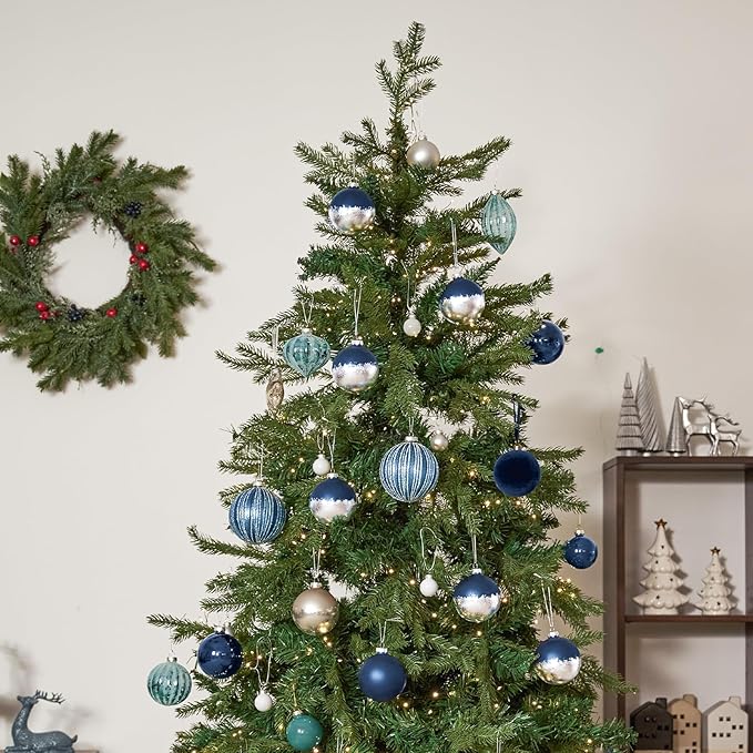 DN DECONATION 4PCS Blue Glass Christmas Ball Ornaments – 4” Shimmering Silver Lines Hanging Ball Ornaments Set for Christmas Tree, Winter Decor Elegant Holiday Decorations Wedding