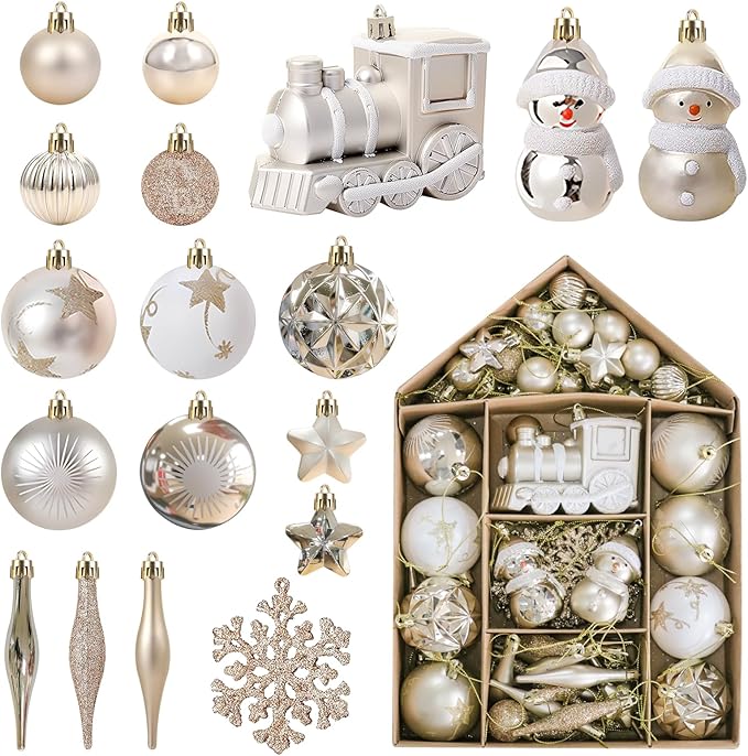 Christmas Ornaments Set,48Pcs Shatterproof Christmas Tree Ornaments Balls,Versatile Hanging Christmas Balls Ornaments,for XmasTrees,Wreath Garland,Holiday Party, Home Decor(White Gold)