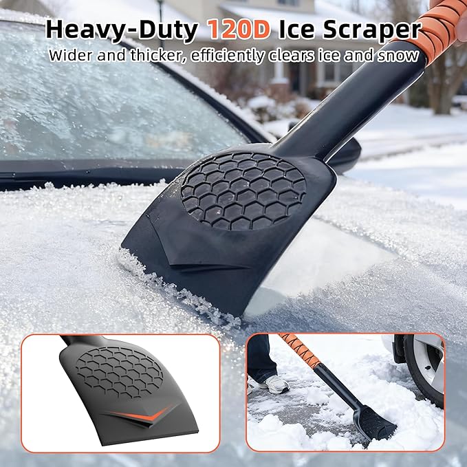 45" Extendable Snow Brush and Ice Scrapers for Car Windshield [360° Rotating Snow Brush Head] Military-Grade Sturdy Ice Scraper for Sedans, SUVs and Trucks Easy Storage Orange