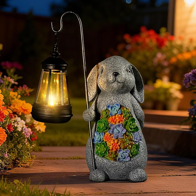 Solar Rabbit Garden Statue with Lantern – Waterproof Resin Outdoor Decor for Yard, Lawn, Patio, Garden – Gift for Easter, Christmas, Housewarming – Solar Garden Decor