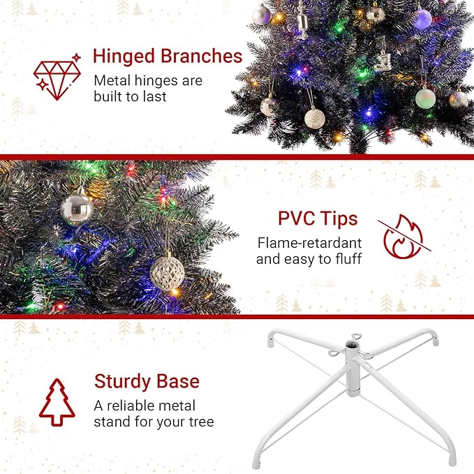 6ft Prelit Black Gradient Artificial Christmas Tree with 150 Multi-Color LED, 4 Color 8 Mode, Flocked Hinged Xmas Tree with 1000 Realistic Branch, Easy Assembly for Home Holiday Decoration