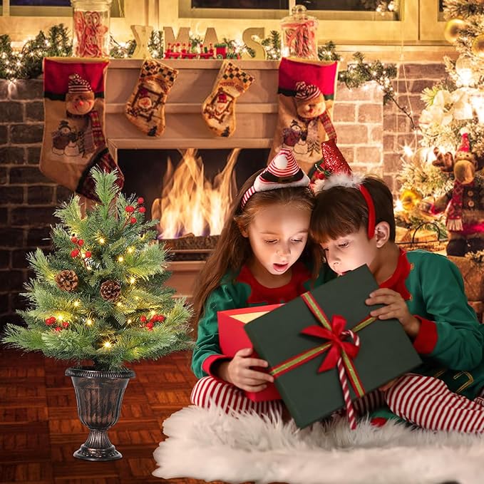 GarveeHome 2 Ft Artificial Mini Christmas Tree, Tabletop Christmas Tree with 40 LED Warm Lights, Mini Xmas Tree with Pine Cone & Red Berry for Tabletop, Home, Office, Holiday, Indoor and Outdoor Decor