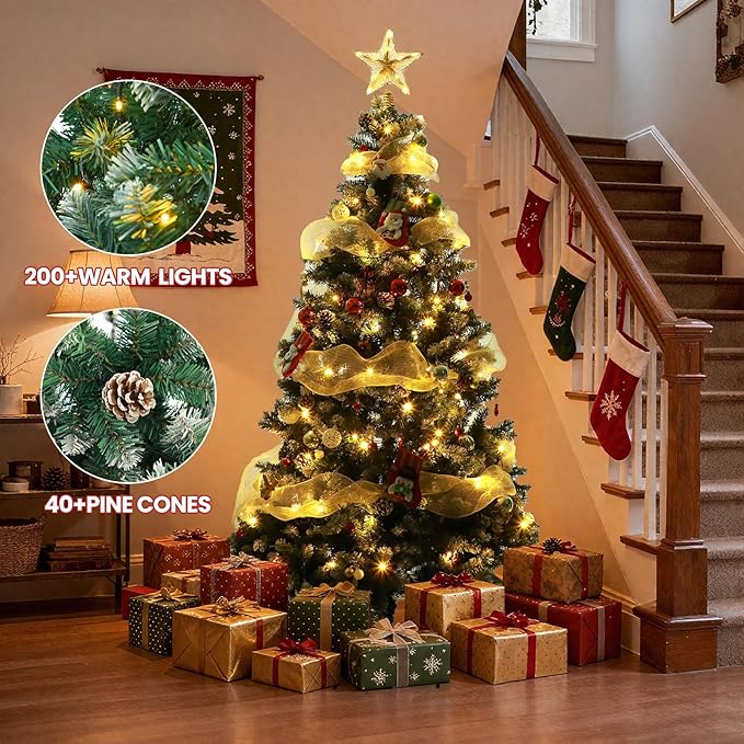 Beyond Prelit 7FT Artificial Christmas Tree with 250 LED Warm White Lights, Hinged Green Christmas Tree with 1100 Branch Tips and Pinecone, Xmas Tree with Metal Stand for Home, Party Decoration, Green