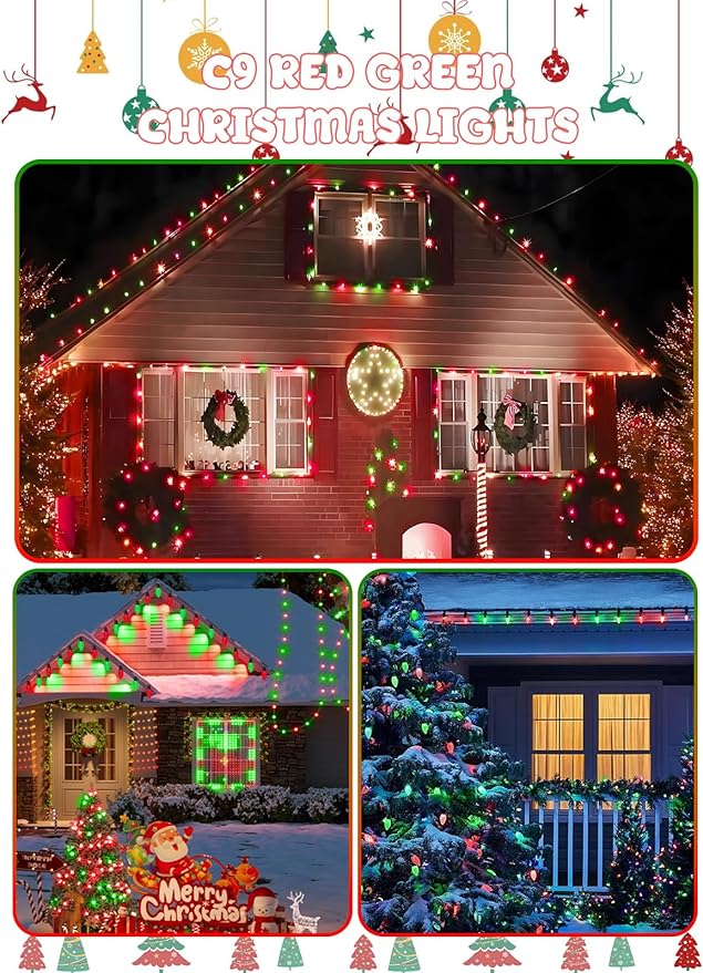 2-Pack Connectable C9 Christmas Lights Outdoor Indoor, 66 FT 100 LED Christmas String Lights Plug in with 8 Modes & Timer, Waterproof Fairy Twinkle Light for Xmas Tree Yard Decorations (Red and Green)