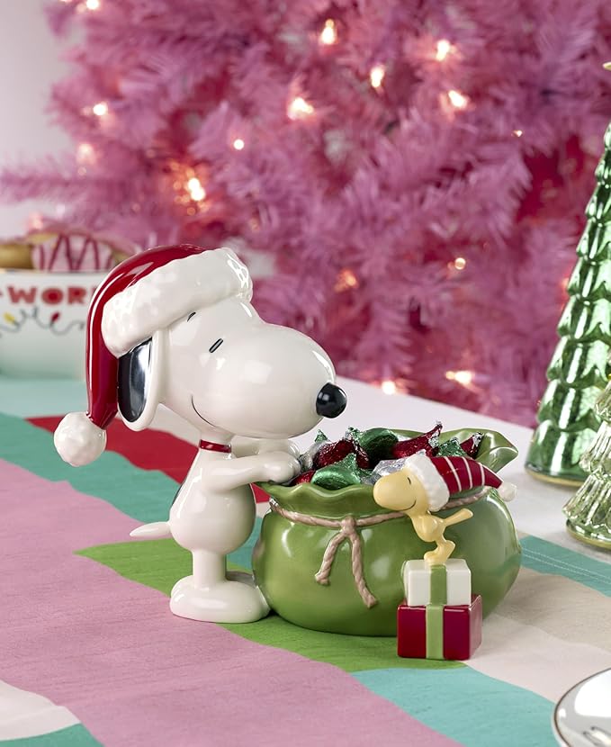 Lenox 897751 Snoopy Christmas Santa Sack Candy Bowl, Christmas Dishes, Festive Holiday Serveware