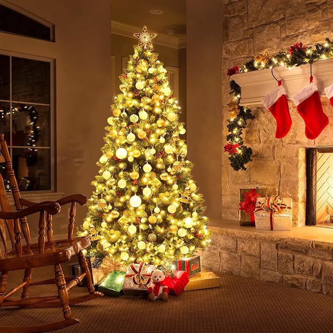 Happygrill 6.5 Feet Christmas Tree with Sturdy Metal Stand Artificial Xmas Tree with Pine Cones Red Berries