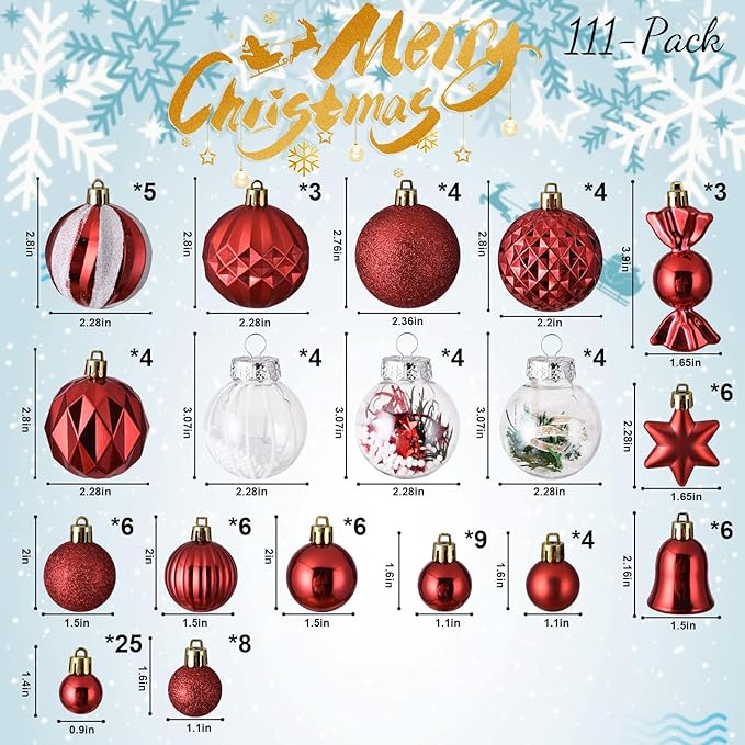 ILLUMINEW 111-Pack Christmas Balls Ornaments,Assorted Shatterproof Christmas Ornaments Set, Xmas Seasonal Luxurious Hanging Pendants Gift Package for Tree Party Holiday Indoor Decor(Red)