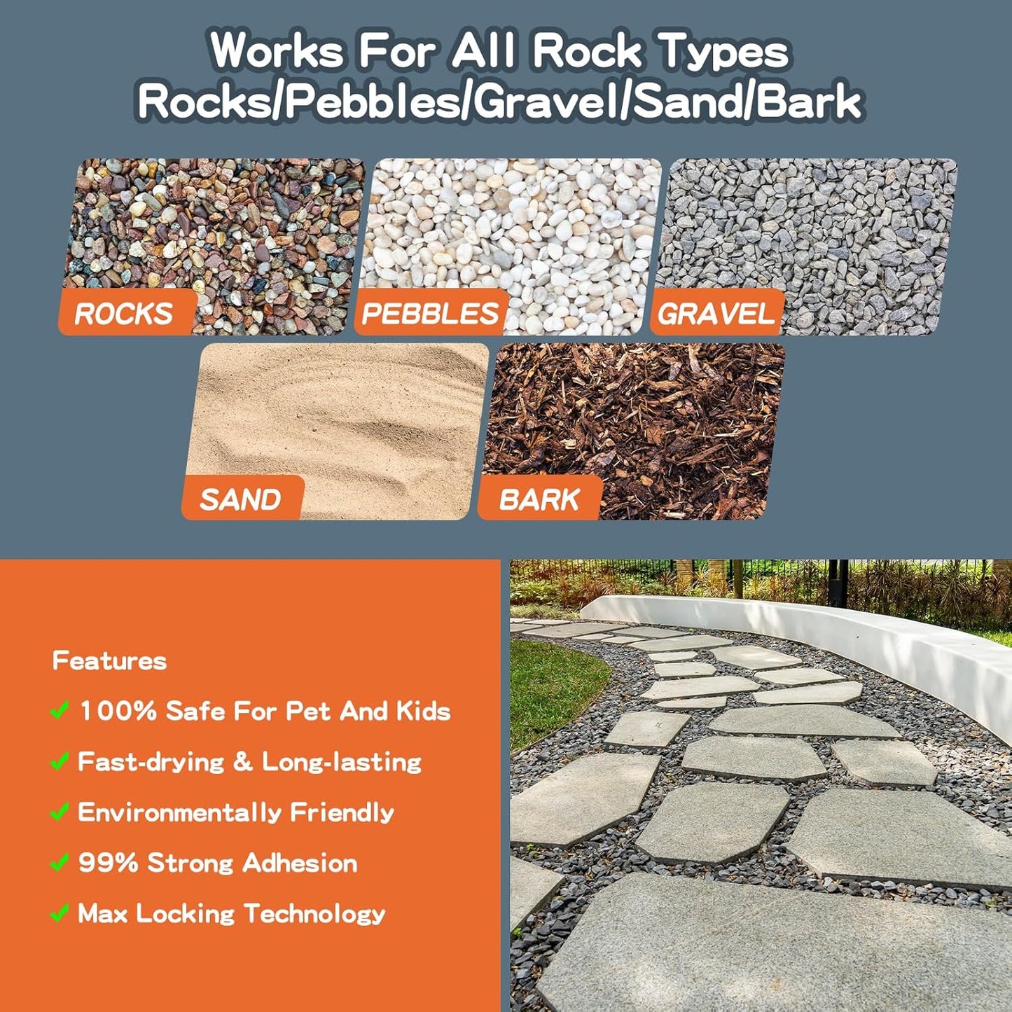 Rock Glue, 1Gallon Mulch Glue for Landscaping, Fast-Dry Strong Pea Gravel Stabilizer Landscape, Non-Toxic Long-Lasting Dries-Clear Strong Pea Gravel Binder for Pebble, Pine Straw for Outdoor Gardens