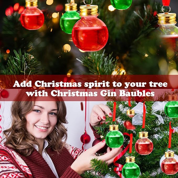 Patelai 18 Pcs Christmas Drink Balls Shot Glass Ornament Plastic Fillable Christmas Tree Ornaments Xmas Water Bottle Bulbs for Holiday Party Indoor Outdoor (Green,Rose with Gold Lid)