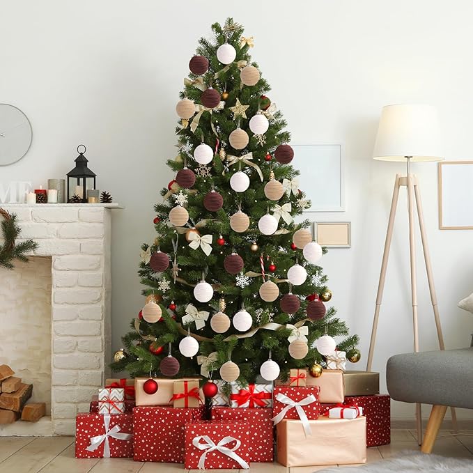 JOICEE 9 Pcs Boho Christmas Ball Ornaments Set, Jute Rope Hanging Balls Neutral Rustic Ornaments Christmas Ball Decoration for Xmas Tree Wreath Garland Party Farmhouse Decor(White,Beige,Dark Brown)